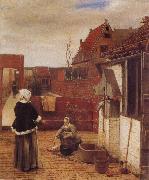 A Woman and her Maid in  Courtyard